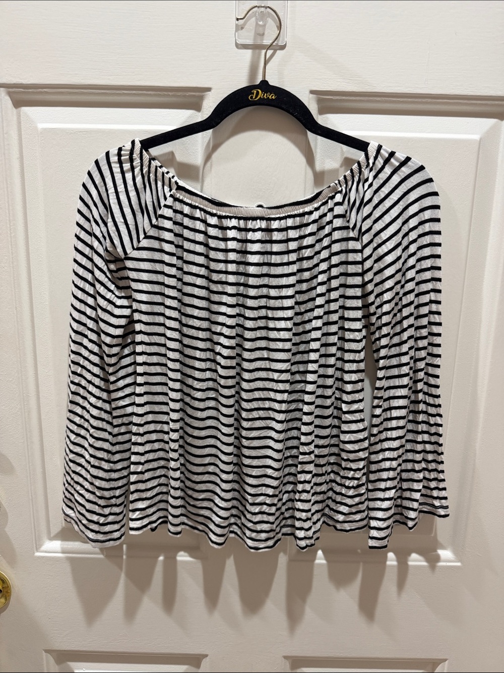 Cotton On Black & White Striped Off-Shoulder Long Sleeve Top